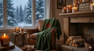 A cozy living room in Canada with a glowing candle and a view of falling snow through the window during Boxing Day sales.