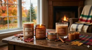 A variety of cinnamon candles for fall in different jars and tins with bilingual labels like 'Confort d’Automne' arranged on a plaid runner in front of a warm fireplace.