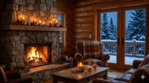 Digital illustration of a cozy Canadian log cabin interior warmed by the scent of holiday spice candles.