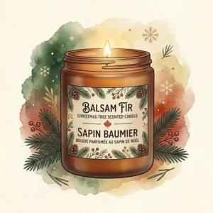 A minimalist botanical illustration of a Douglas Fir branch next to a forest-scented Christmas candle.