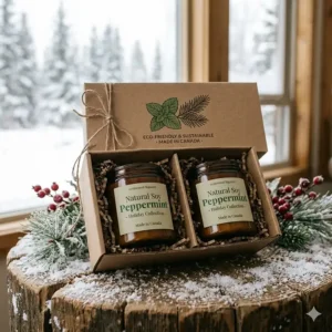 Natural soy peppermint candles for Christmas, featuring eco-friendly packaging popular with Canadian shoppers.