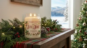 A holiday-themed illustration of Yankee Candle Christmas scents with "Joy" and "Joie" script, celebrating the Canadian bilingual holiday spirit.