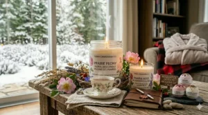 Minimalist illustration of a floral scented candle next to a bath, highlighting self-care routines for the Canadian lifestyle.