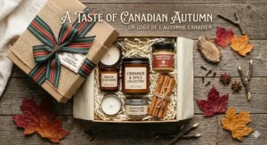 A photorealistic Canadian autumn gift box containing cinnamon candles for fall, maple butter, and cinnamon sticks, with the text 'A Taste of Canadian Autumn.'