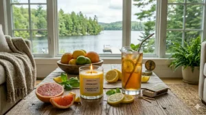 Stylized graphic of a pink grapefruit candle, perfect for refreshing a lakeside cottage in Ontario or Quebec during July.