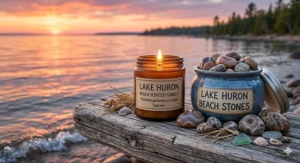 A soy-based beach scented candle glowing next to a jar of beach stones from the shores of Lake Huron.