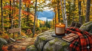 Hand-poured autumn woods candles with minimalist labels in English and French (bougies bois d'automne) on a stone coaster.