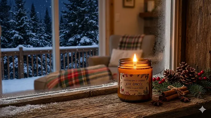 A glowing holiday spice candle on a rustic wooden table with a snowy Canadian evergreen forest visible through the window.