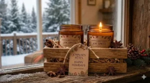 Festive holiday spice candles packaged as a gift with a tag reading "Joyeuses Fêtes" and "Happy Holidays."