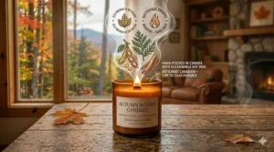 A cozy Canadian living room featuring autumn woods candles, a wool plaid blanket, and a warm cup of tea.