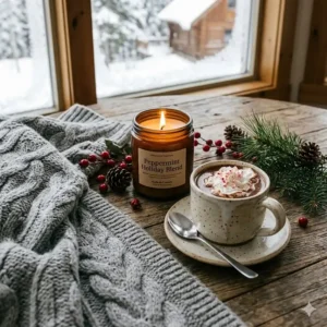 A flat-lay illustration of a lit peppermint candle next to a mug of hot cocoa and a wool blanket for a Canadian winter night.