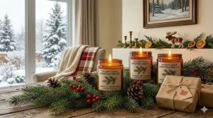 A photorealistic, naturally-lit close-up photograph of a cozy Canadian reading nook, featuring a lit Christmas tree scented candle in an amber jar next to a wool blanket.