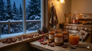 Illustration of holiday spice candles on a kitchen counter next to a warm stovetop and a mug of cider.