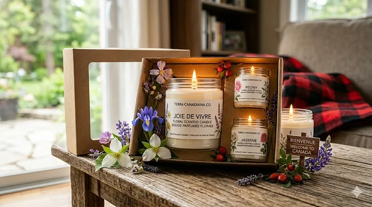 Illustration of lavender floral scented candles inspired by local lavender farms in Ontario and British Columbia.