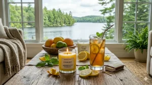 A minimalist illustration of a lemon-scented soy candle on a sunny Canadian patio with a glass of iced tea.