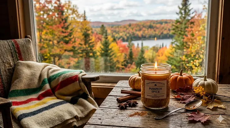 Alt text for image 1: A premium pumpkin spice candle burning on a wooden table with vibrant orange Canadian maple leaves and a cozy knit blanket in the background.