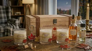 Illustration of a curated gift box containing a variety of Canadian maple candles and locally sourced treats.