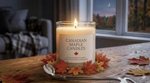 Illustration of a glowing maple syrup scented candle surrounded by autumn maple leaves, designed for Canadian homes.