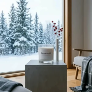 Minimalist white peppermint candle in a glass jar with a simple "Merry Christmas" label for a modern Canadian home.