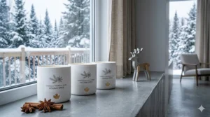 Minimalist holiday spice candles in white ceramic jars, perfect for a modern Canadian home interior.