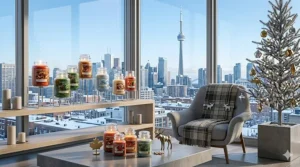 Sleek illustration of Yankee Candle Christmas scents styled in a modern Canadian city condo with views of the CN Tower.