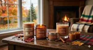 Interior of a Muskoka-style log cabin with a row of cinnamon candles for fall on a stone mantle overlooking a scenic lake with orange and red fall foliage.