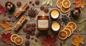 An overhead flat-lay of natural ingredients for cinnamon candles for fall, including raw cinnamon bark, dried orange slices, and star anise surrounding a bilingual 'Bougie Artisanale.'