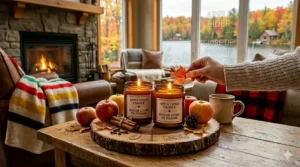 An eco-friendly illustration of a hand-poured soy apple cider candle made with sustainable Canadian ingredients.