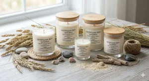 A flat-lay illustration of eco-friendly soy beach scented candles surrounded by dried beach grass and sand.