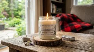 Hand-drawn style illustration showing eco-friendly, non-toxic floral scented candles made from Canadian-sourced soy wax.