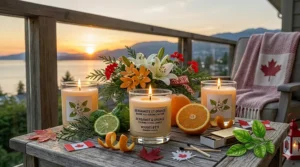 Festive summer illustration of orange blossom candles alongside subtle red and white Canada Day decor.