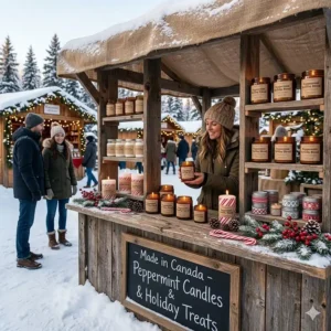 Illustration of a snowy Canadian Christmas market stall selling handmade peppermint candles and holiday treats.