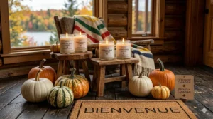 Alt text for image 5: A Canadian front porch decorated for autumn with pumpkins, a plaid rug, and glowing pumpkin spice candles.