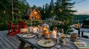A 4K photorealistic outdoor BBQ table setting with candles, high-end tableware, and a Canadian flag mug on a lakeside deck.