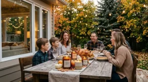 High-definition 4K photo of the Canadian family from image_0.png enjoying an outdoor Thanksgiving patio dinner amidst autumn leaves, featuring lit amber and ceramic candles, string lights, and a roasted turkey under natural light.