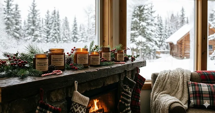 A cozy Canadian living room with peppermint candles on a wooden mantle, Christmas stockings, and a snow-covered pine view.