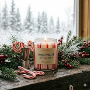 Festive red and white striped peppermint candle surrounded by candy canes and evergreen sprigs for a classic Christmas look.
