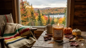 Alt text for image 2: Photorealistic illustration of a pumpkin spice candle glowing inside a cozy Canadian log cabin during a brisk autumn evening.