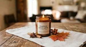 High-resolution 4K photorealistic close-up of a lit 'Pumpkin Spice Latte' amber jar candle, decorated with dried cinnamon, star anise, and native Canadian red sugar maple leaves on a rustic wooden table.