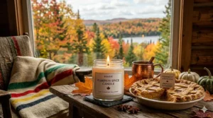 Alt text for image 7: A warm kitchen scene featuring a pumpkin spice candle next to a freshly baked pumpkin pie and a mug of cider.