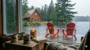 Interior view through a rain-streaked window of a Canadian cottage dock, featuring an indoor candle and "Canadian Wildflowers" book.