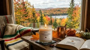 Alt text for image 9: A cozy reading nook with a Hudson's Bay style striped blanket and a lit pumpkin spice candle creating a relaxing fall atmosphere.