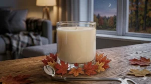 Graphic showing eco-friendly soy wax being poured into a Canadian maple candle jar with "Fait au Canada" branding.