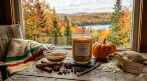 Alt text for image 4: Natural ingredients for pumpkin spice candles including soy wax flakes, cinnamon sticks, and star anise on a rustic wooden surface.