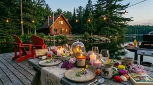 Close-up of a long weekend table setting featuring candles surrounded by fresh tulips, lilacs, and spring wildflowers.