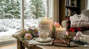 Vibrant illustration of lilac and peony scented candles celebrating the arrival of spring after a long Canadian winter.