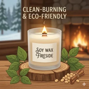 Close-up of a clean-burning soy wax candle with a crackling wood wick, highlighting non-toxic ingredients for Canadian homes.