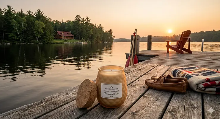 A tropical pineapple scented candle on a wooden dock at a Muskoka cottage, bringing island vibes to the Canadian lakeside.