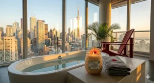 A relaxing bathroom setup featuring top tropical candles with hibiscus scents for a Canadian winter staycation spa experience.