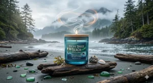 An artistic illustration of a beach scented candle emitting notes of sea salt and cedar, reflecting the Pacific Northwest spirit.
